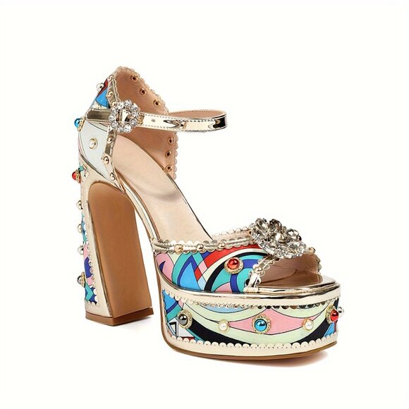 Women's Floral Rhinestone Embellished Block Heel Sandals - Picture 7 of 8